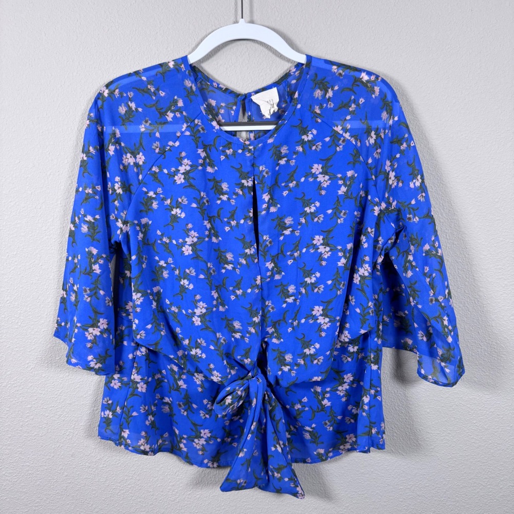 Harper Heritage Blue Floral Tie Front Chiffon Blouse Bell Sleeve Women's Medium